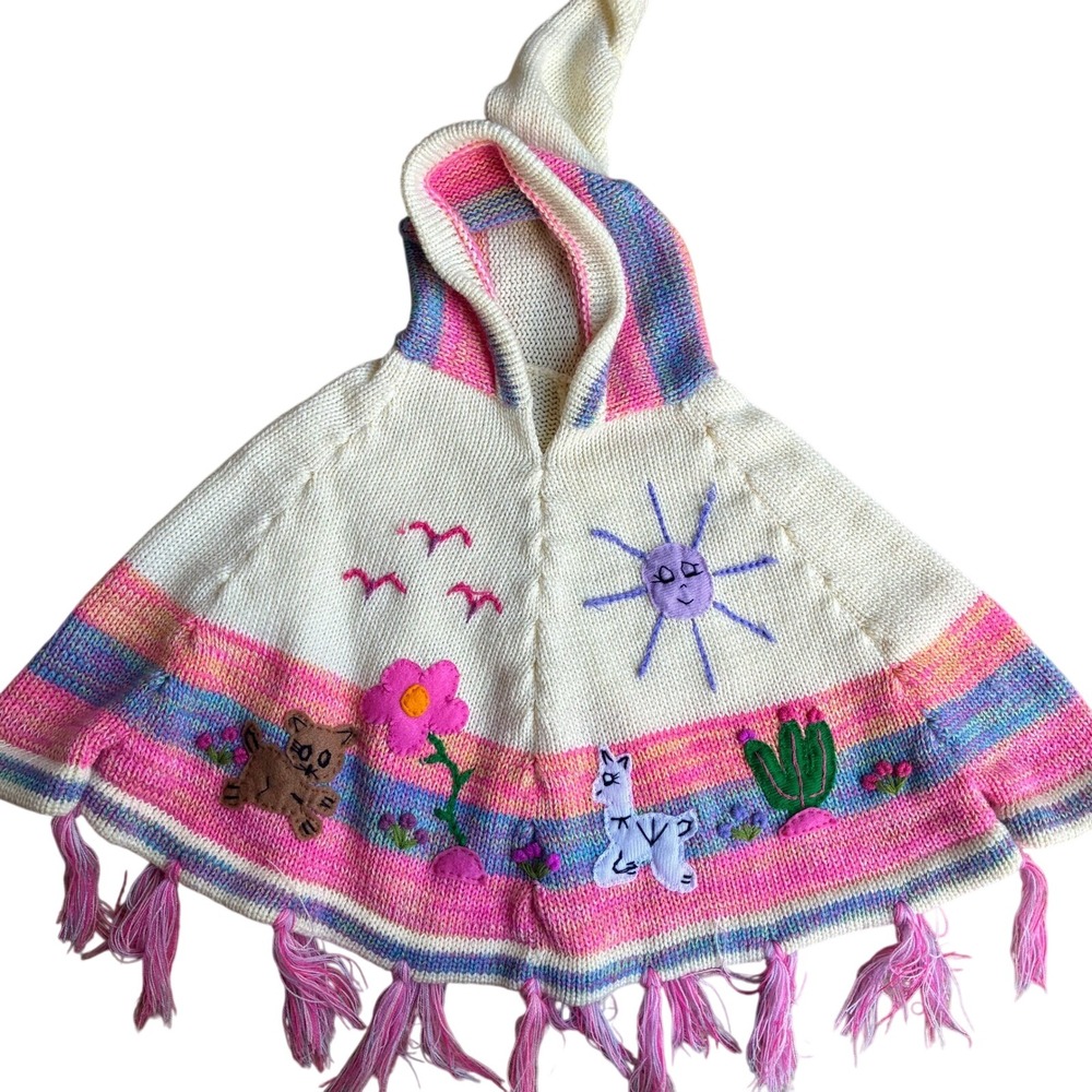 Peruvian Kids Knit Hooded Poncho Rainbow Multicolor Artisan Embroidery Fall